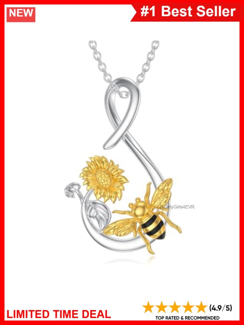 925 Sterling Silver Bee Sunflower Pendant Necklace 18+2 Inch Adjustable Chain